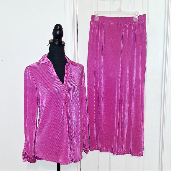 Pants - Vibrant Pink Satin Type Blouse and Pants Set